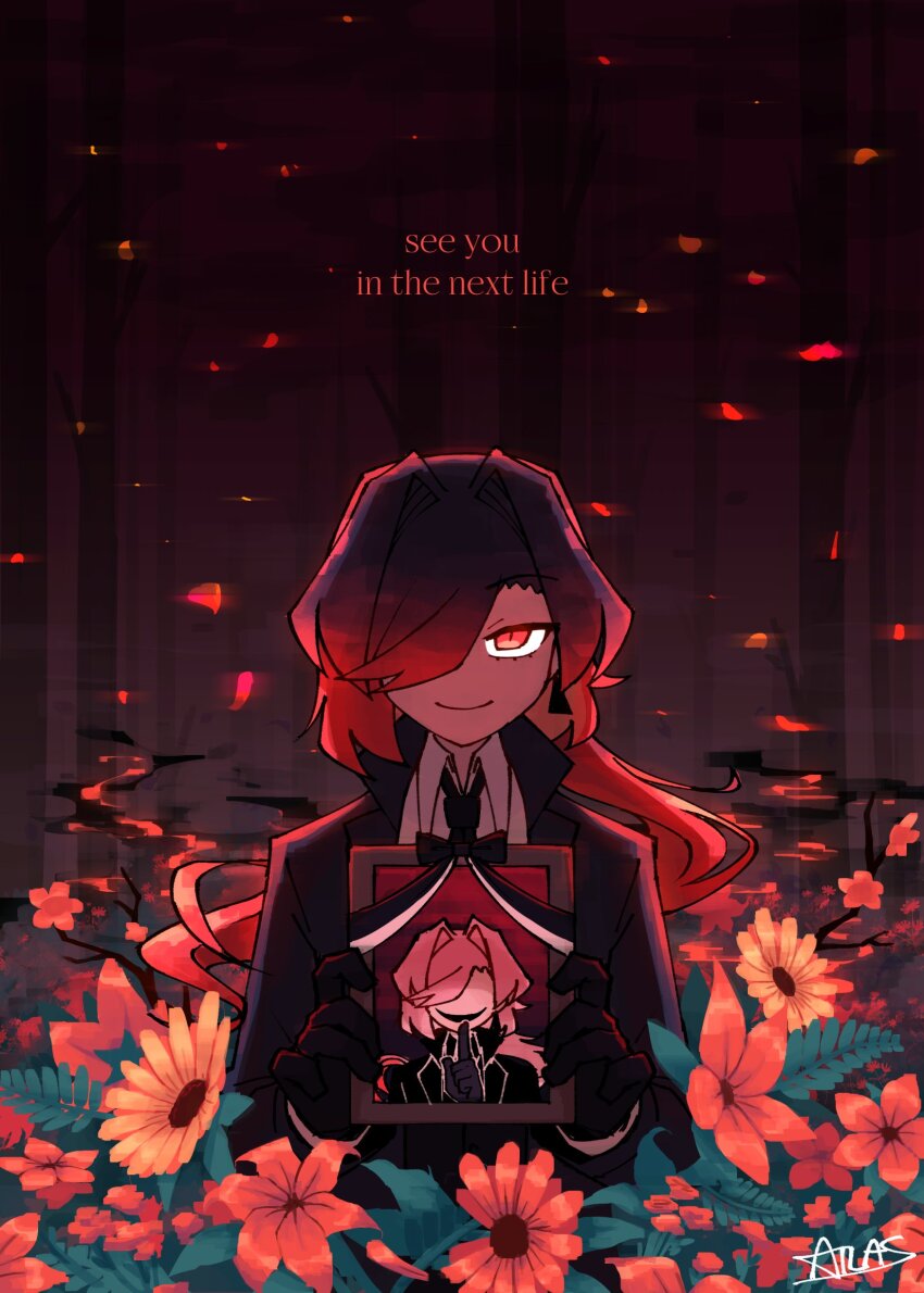 absurdres, atlas_(atlaszoidac), atlaszoidac, black_coat, black_gloves, black_hair, black_necktie, closed_mouth, coat, embers, english_text, flower, gloves, gradient_hair, highres, holding, holding_picture_frame, iei, multicolored_hair, necktie, original, picture_frame, red_eyes, red_hair, shirt, signature, smile, white_shirt, yellow_flower