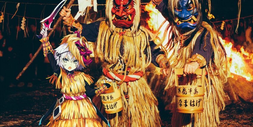 1girl, 2others, bandaged_arm, bandages, bucket, dagger, facial_scar, fate/grand_order, fate_(series), fire, green_eyes, grey_hair, hand_up, highres, holding, holding_bucket, holding_dagger, holding_knife, holding_weapon, jack_the_ripper_(fate/apocrypha), jack_the_ripper_(under_the_same_sky)_(fate), knife, konoe_ototsugu, looking_at_viewer, mask, mask_on_head, multiple_others, namahage, official_art, oni_mask, open_mouth, photo_background, rope, scar, scar_across_eye, scar_on_cheek, scar_on_face, shimenawa, short_hair, weapon, wooden_bucket