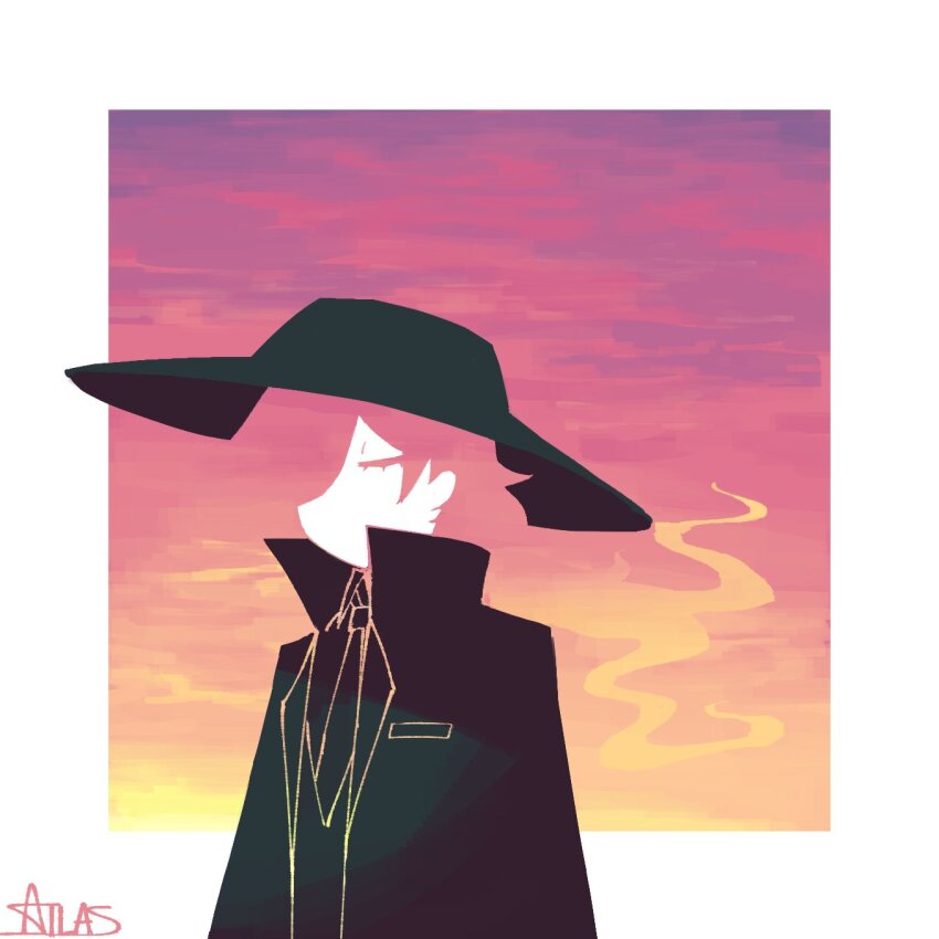 1boy, atlas_(atlaszoidac), atlaszoidac, black_coat, black_hat, black_necktie, blending, closed_eyes