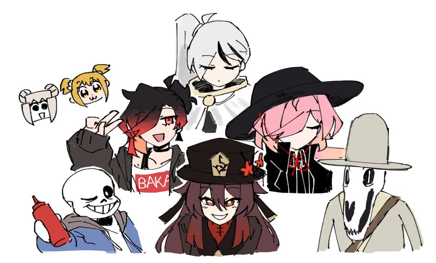 2girls, 6+boys, atlas_(atlaszoidac), atlaszoidac, black_hair, black_headwear, brown_hair, brown_headwear, character_request, closed_eyes, genshin_impact, gradient_hair, highres, hu_tao_(genshin_impact), library_of_ruina, long_hair, low_twintails, multicolored_hair, multiple_boys, multiple_girls, original, poptepipic, popuko, project_moon, red_eyes, sans_(undertale), side_ponytail, simple_background, skull, twintails, undertale, utdr_(toby_fox), very_long_hair, white_background, white_hair, yan_vismok