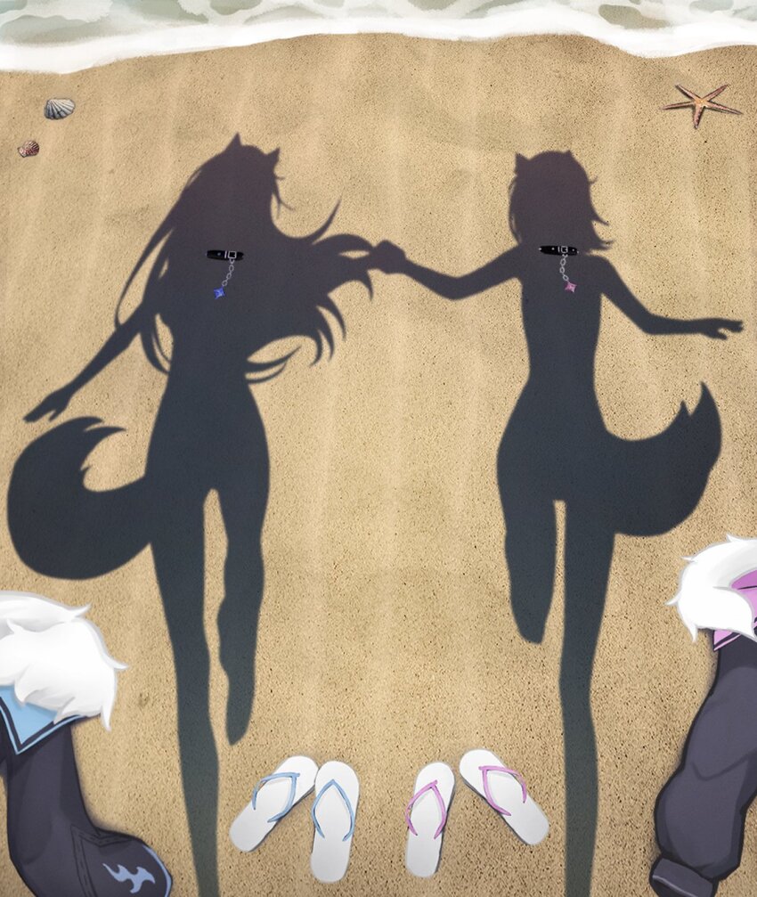 2girls, animal_ears, baguette_(baguettech), beach, black_collar, black_jacket, chain, collar