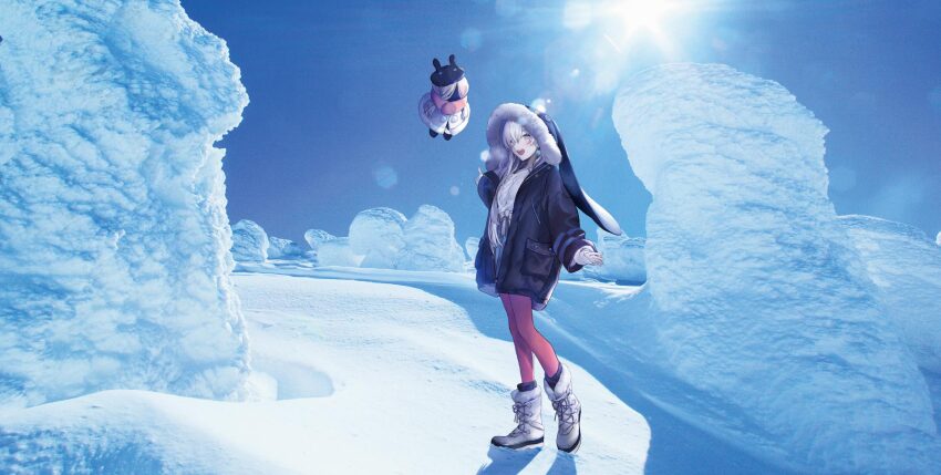 1girl, anastasia_(fate), anastasia_(under_the_same_sky)_(fate), blue_eyes, blue_skirt, blue_sky, boots, coat