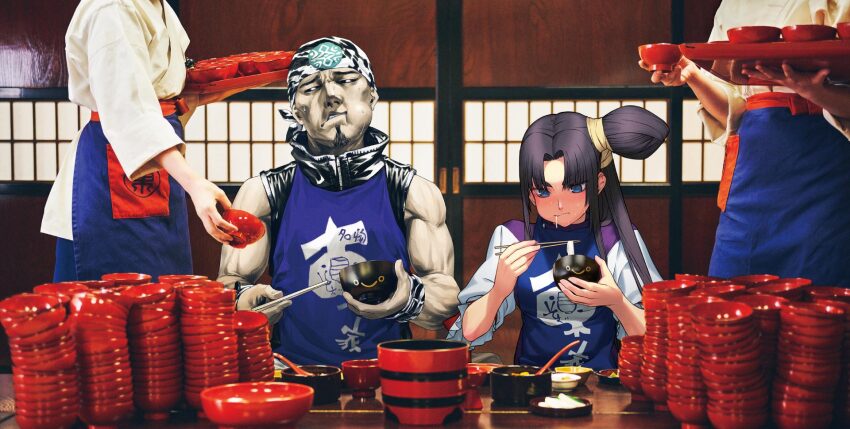 1boy, 1girl, 2others, apron, bandana, black_hair, black_sclera, blue_apron