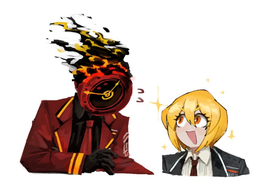 1girl, 1other, atlaszoidac, black_coat, black_gloves, black_shirt, blonde_hair, clock