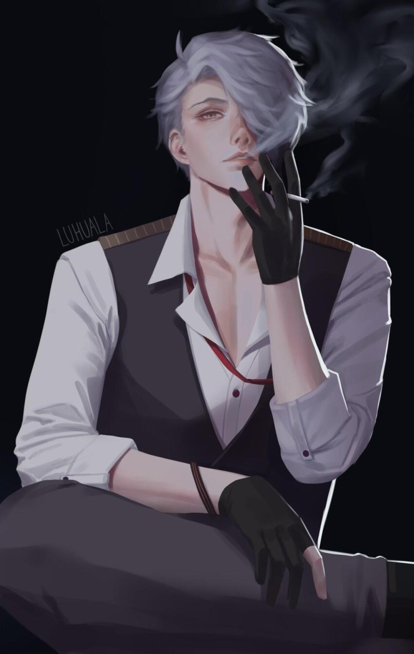 1boy, artist_name, black_background, black_gloves, black_vest, blowing_smoke, bustafellows, cigarette, crossed_legs, ear_piercing, gloves, grey_hair, hair_over_one_eye, highres, holding, holding_cigarette, looking_at_viewer, luhuala, male_focus, piercing, shirt, shu_(bustafellows), sitting, smoking, solo, vest, white_shirt, yellow_eyes