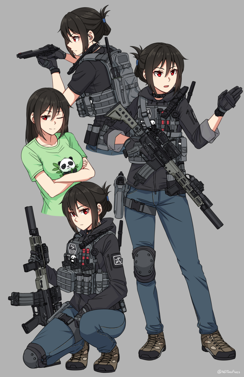 1girl, ;), absurdres, ammunition_pouch, animal_print, arms_under_breasts, assault_rifle, bear_print, black_gloves, black_hair, black_jacket, blue_pants, breasts, brown_footwear, chinese_commentary, closed_mouth, commentary_request, dated_commentary, folded_ponytail, gloves, green_shirt, grey_background, gun, hair_between_eyes, highres, holding, holding_gun, holding_weapon, hood, hood_down, hooded_jacket, jacket, knee_pads, load_bearing_vest, long_sleeves, looking_at_viewer, lr-300, medium_breasts, multiple_views, ndtwofives, on_one_knee, one_eye_closed, original, panda_print, pants, parted_lips, pouch, print_shirt, profile, red_eyes, rifle, shirt, shoes, simple_background, single_knee_pad, smile, staccato_2011, suzuya_tang, twitter_username, v-shaped_eyebrows, weapon
