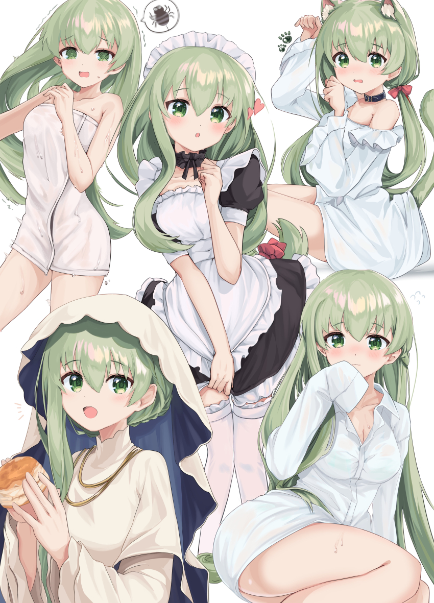 1girl, :o, @_@, absurdres, alternate_costume, animal_ears, apron, baba_kirika