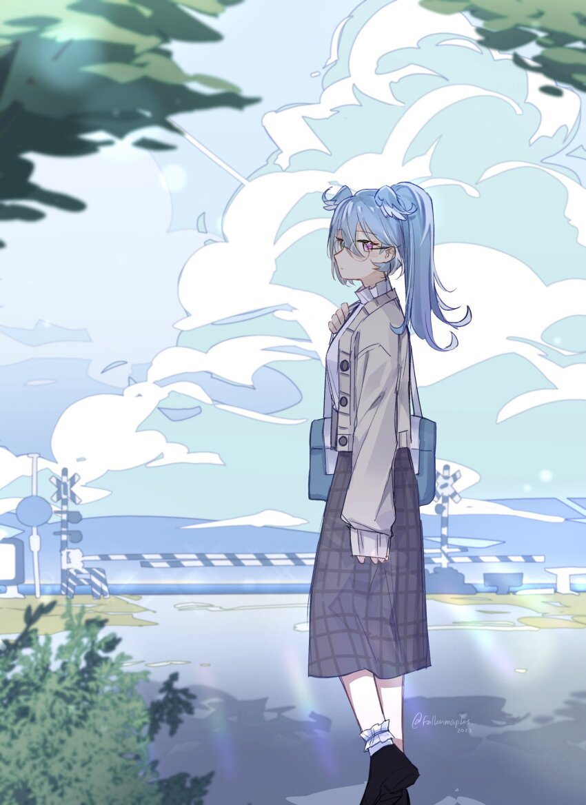 1girl, absurdres, bag, black_footwear, blue_eyes, blue_hair, blue_wings, brown_skirt