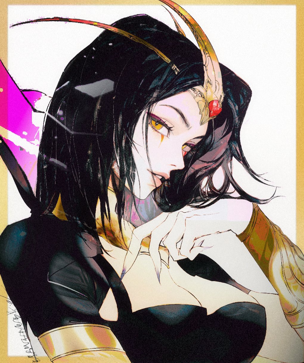 1girl, black_hair, black_nails, border, breasts, cleavage, eyeshadow, fingernails