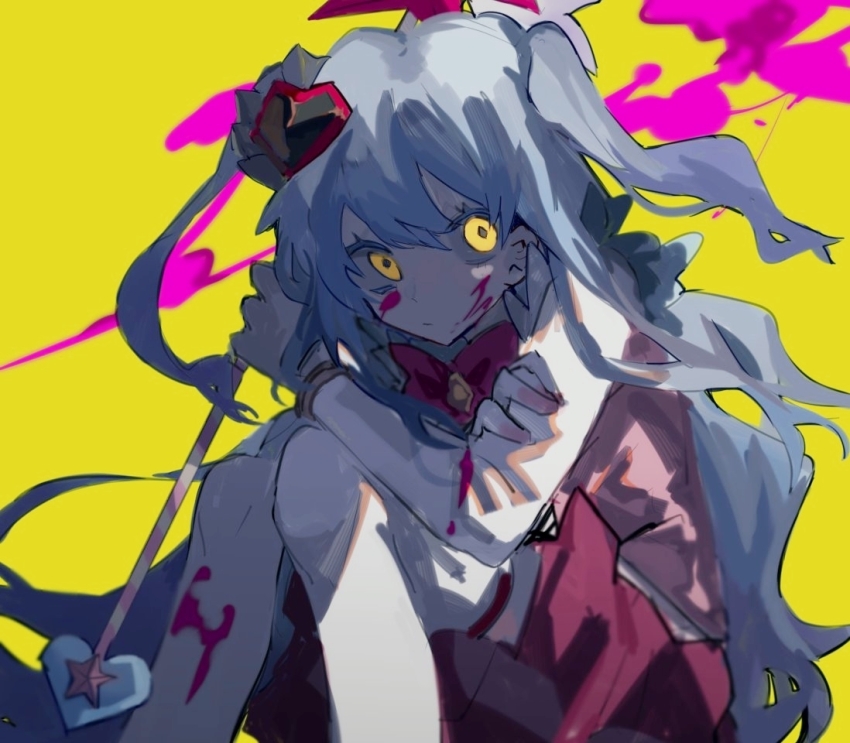 1girl, blood, blood_on_face, blue_hair, bow, bowtie, closed_mouth, gloves