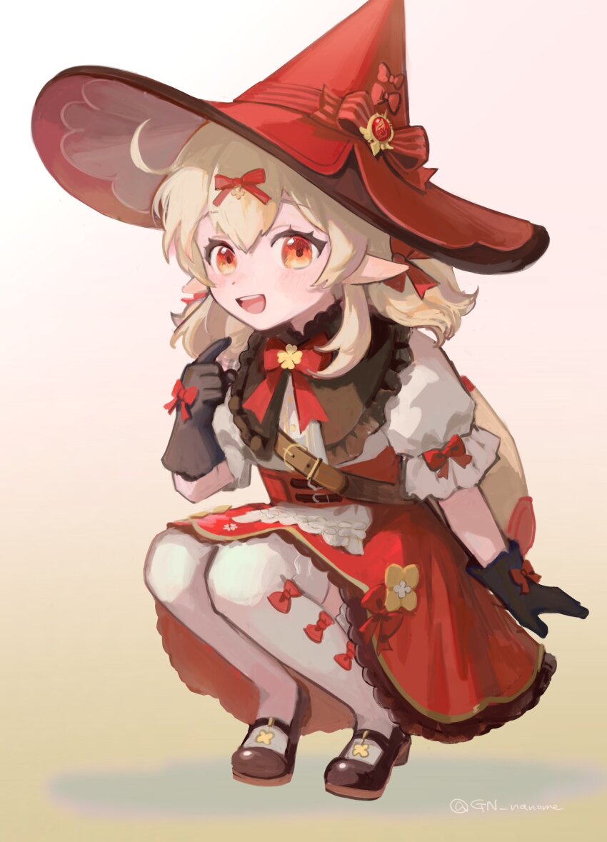 1girl, :d, black_gloves, black_shoes, blonde_hair, bow, bow_legwear, commentary, frilled_skirt, frills, full_body, genshin_impact, glove_bow, gloves, gn_nanome, hair_ribbon, hat, hat_bow, highres, klee_(blossoming_starlight)_(genshin_impact), klee_(genshin_impact), light_blush, looking_at_viewer, mary_janes, medium_hair, open_mouth, pointing, pointing_at_self, pointy_ears, red_bow, red_hat, red_skirt, ribbon, shirt, shoes, simple_background, skirt, smile, solo, squatting, untranslatable_commentary, thighhighs, twitter_username, white_background, white_shirt, white_thighhighs, witch_hat