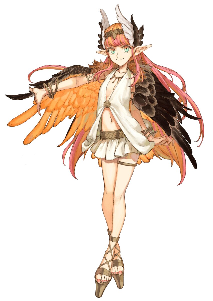 1girl, absurdres, bracelet, breasts, breath, brown_wings, circe_(fate), circlet, cross-laced_footwear, cross-laced_sandals, dress, fate/grand_order, fate/samurai_remnant, fate_(series), feathered_wings, full_body, gold_sandals, head_wings, high_heel_sandals, high_heels, highres, jewelry, long_hair, looking_at_viewer, multicolored_eyes, multicolored_hair, nail_polish, navel, necklace, official_art, orange_hair, pink_hair, platform_sandals, pointy_ears, sandals, skirt, small_breasts, smile, solo, thighlet, wataru_rei, white_dress, wings