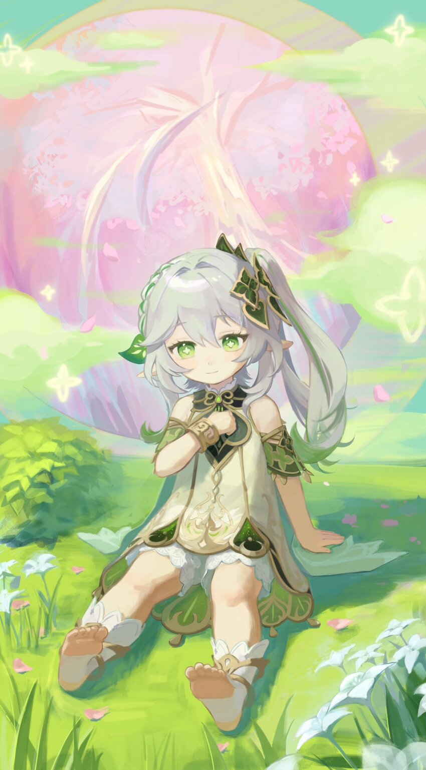 1girl, asymmetrical_hair, bloomers, bracelet, closed_mouth, commentary_request, cross-shaped_pupils, detached_sleeves, dress, flower, full_body, genshin_impact, gn_nanome, gold_bracelet, green_eyes, hair_ornament, hand_on_own_chest, highres, leaf_hair_ornament, looking_down, nahida_(genshin_impact), outdoors, pointy_ears, side_ponytail, sitting, solo, symbol-shaped_pupils, underwear, white_bloomers, white_dress, white_flower, white_hair