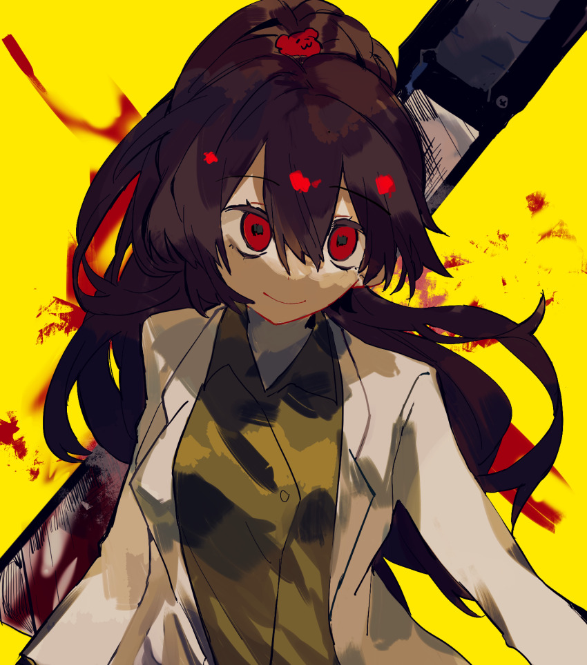 1girl, blood, boxcutter, breasts, brown_hair, carmen_(project_moon), closed_mouth, coat