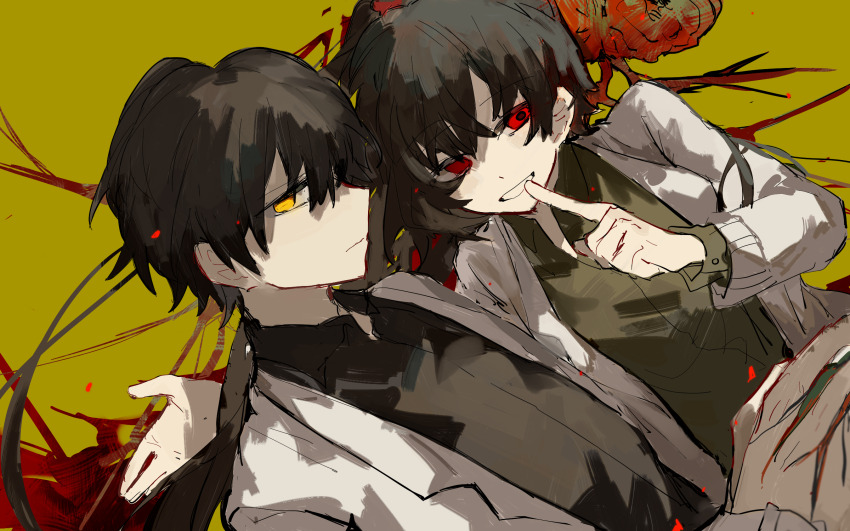 1boy, 1girl, ayin_(project_moon), black_hair, black_shirt, blood, brain, carmen_(project_moon)