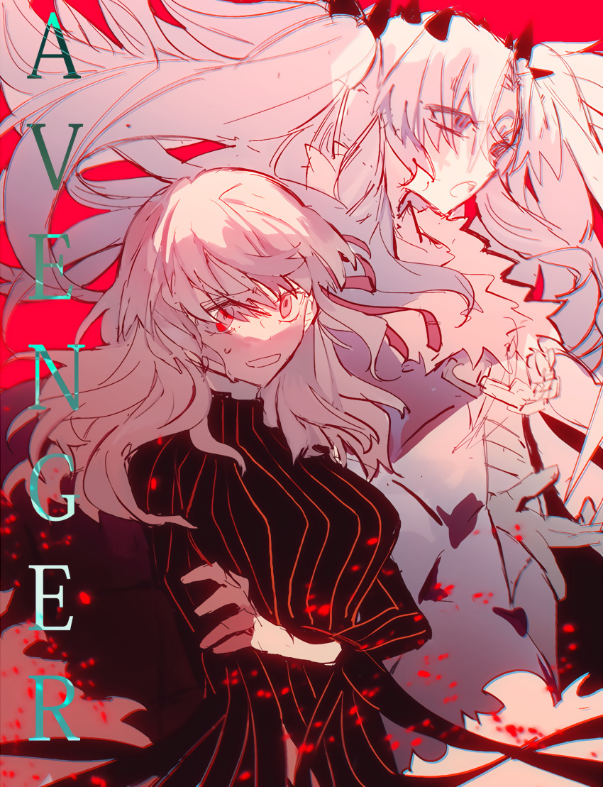 2girls, black_dress, breasts, character_request, cowboy_shot, dark_sakura, dress, empty_eyes