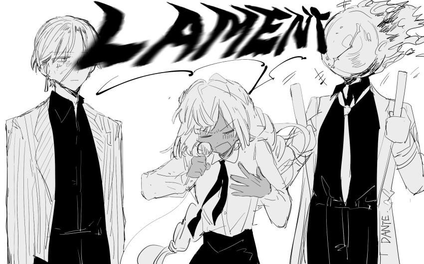 1boy, 1girl, 1other, braid, braided_ponytail, charon_(project_moon), clock, coat