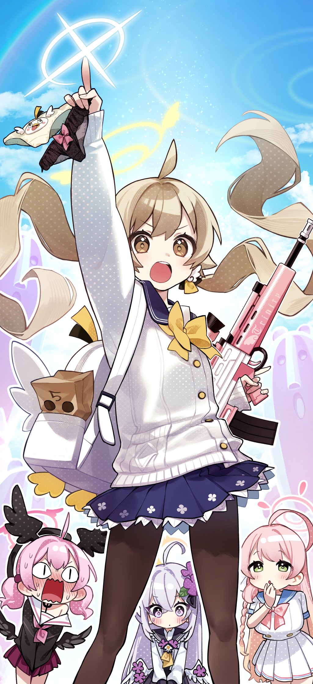 <|>_<|>, 4girls, ahoge, angel_wings, arm_up, assault_rifle, azusa_(blue_archive), backpack