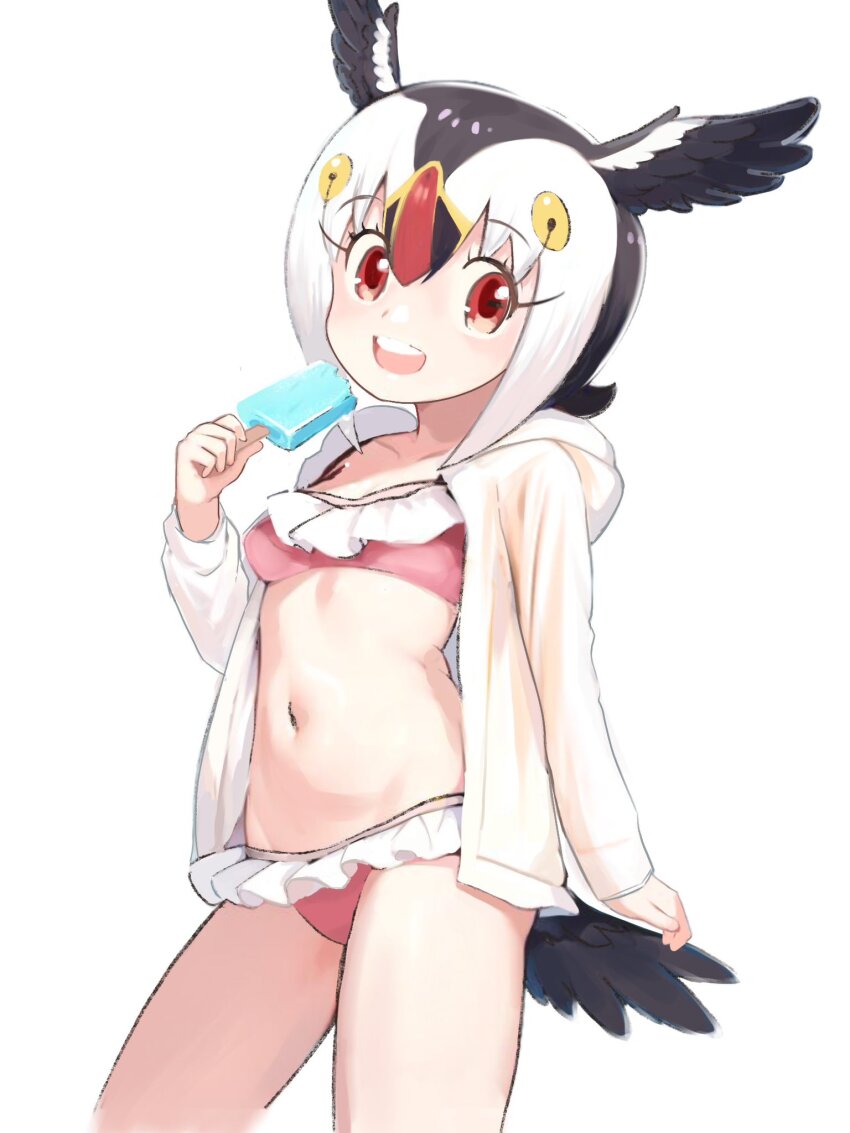 1girl, alternate_costume, atlantic_puffin_(kemono_friends), bare_legs, bikini, bird_girl, bird_tail, bird_wings
