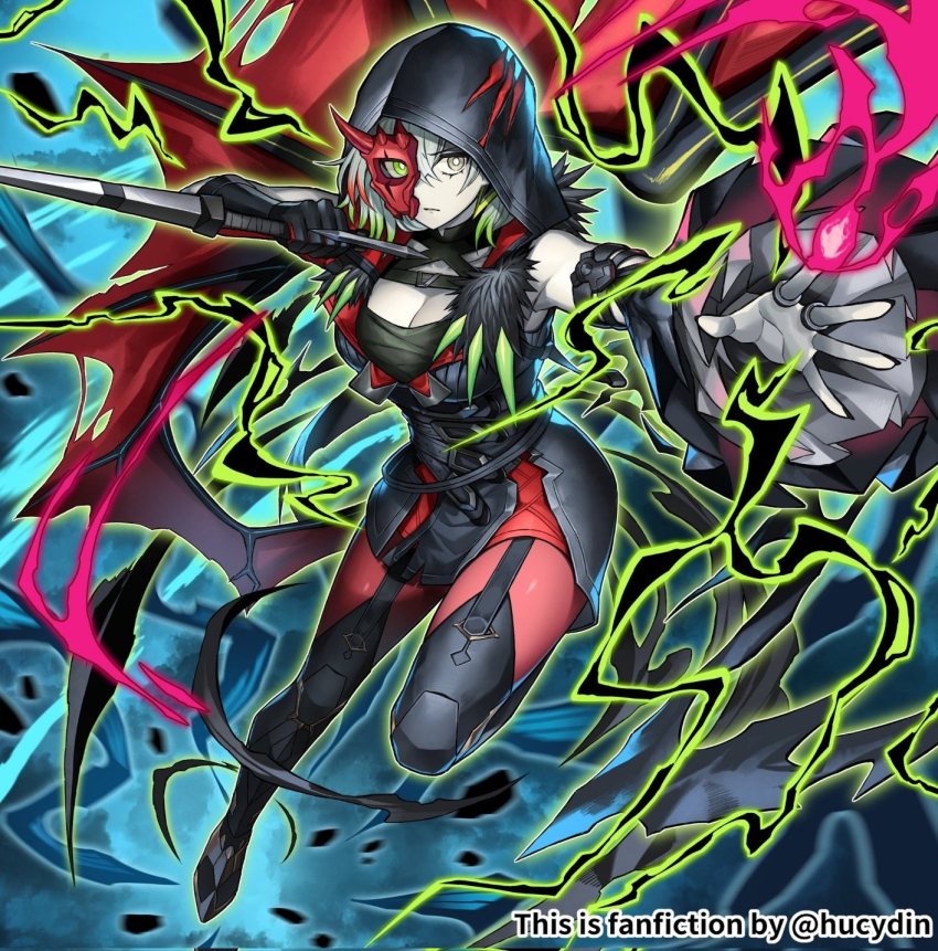 1girl, breasts, cleavage, detached_sleeves, diabellstar_the_black_witch, duel_monster, garter_straps, green_eyes