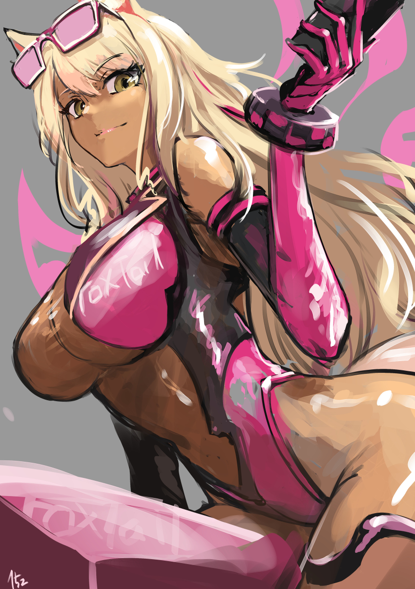 152_in_can, 1girl, absurdres, animal_ears, blonde_hair, breasts, cleavage, closed_mouth, detached_sleeves, eyewear_on_head, fate/grand_order, fate_(series), fox_ears, fox_girl, gloves, gyaru, highres, holding, large_breasts, lipstick, long_hair, looking_at_viewer, makeup, midriff, navel, pink_gloves, pink_track_suit, race_queen, see-through_clothes, sitting, sitting_on_object, smile, sunglasses, suzuka_gozen_(fate), suzuka_gozen_(swimsuit_rider)_(fate), suzuka_gozen_(swimsuit_rider)_(first_ascension)_(fate), tan, thighs, track_suit, yellow_eyes