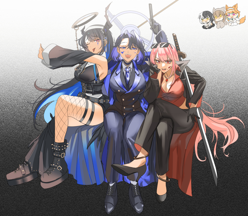 6+girls, asymmetrical_horns, bare_shoulders, black_hair, black_suit, blue_eyes, blue_hair, breasts, business_suit, colored_inner_hair, crossed_legs, demon_horns, fishnet_thighhighs, fishnets, formal_clothes, hair_intakes, hair_ornament, hololive, hololive_english, horns, kamippoina_(vocaloid), large_breasts, long_hair, looking_at_viewer, mafia_(vocaloid), mole, mole_under_eye, mori_calliope, multicolored_hair, multiple_girls, nanashi_mumei, nanashi_mumei_(casual), necktie, nerissa_ravencroft, nun, official_alternate_costume, official_alternate_hairstyle, ouro_kronii, pant_suit, pants, pink_eyes, pink_hair, q_(hololive), red_eyes, set7, shiori_novella, short_hair, single_thighhigh, smile, suit, takanashi_kiara, takanashi_kiara_(casual), thigh_strap, thighhighs, two-tone_hair, uneven_horns, virtual_youtuber