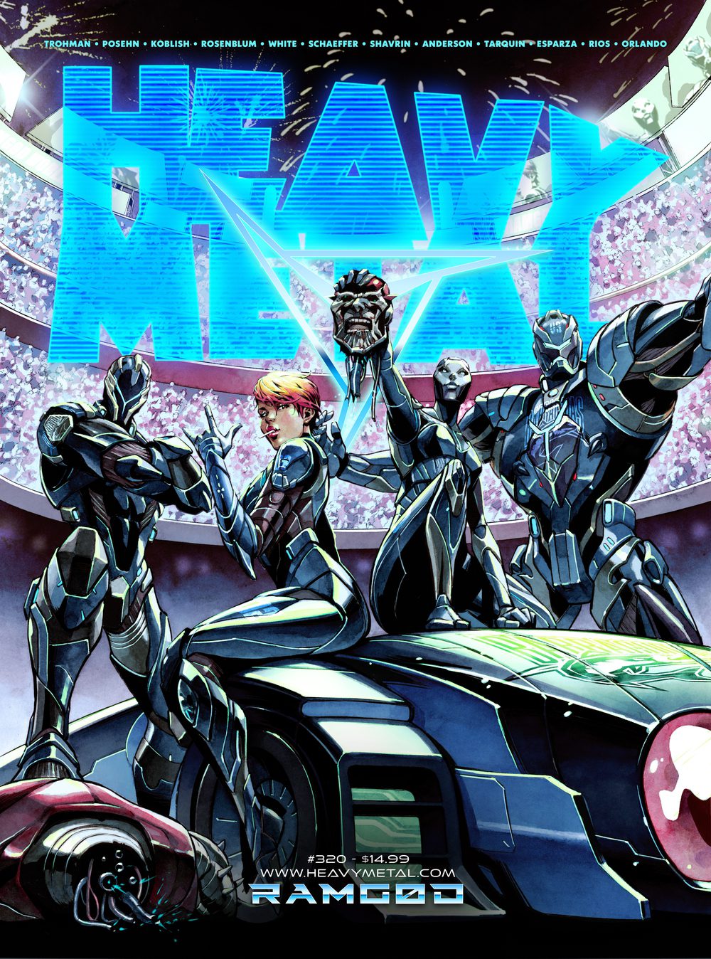 2girls, 3boys, android, armor, assault_visor, cable, car, colosseum