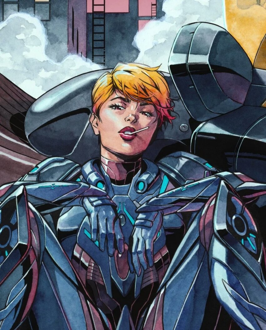 1girl, blue_gloves, brown_eyes, character_request, city, comic_cover, gloves, head_tilt, unworn_headwear, hector_trunnec, helmet, unworn_helmet, highres, looking_at_viewer, motor_vehicle, motorcycle, orange_hair, painting_(medium), parted_lips, ramgod, red_lips, short_hair, smoke, solo, spread_legs, traditional_media, watercolor_(medium)