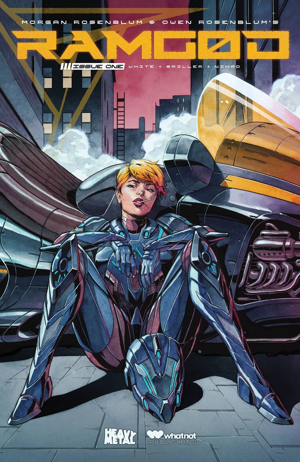 1girl, blue_gloves, brown_eyes, character_request, city, comic_cover, copyright_name, cover