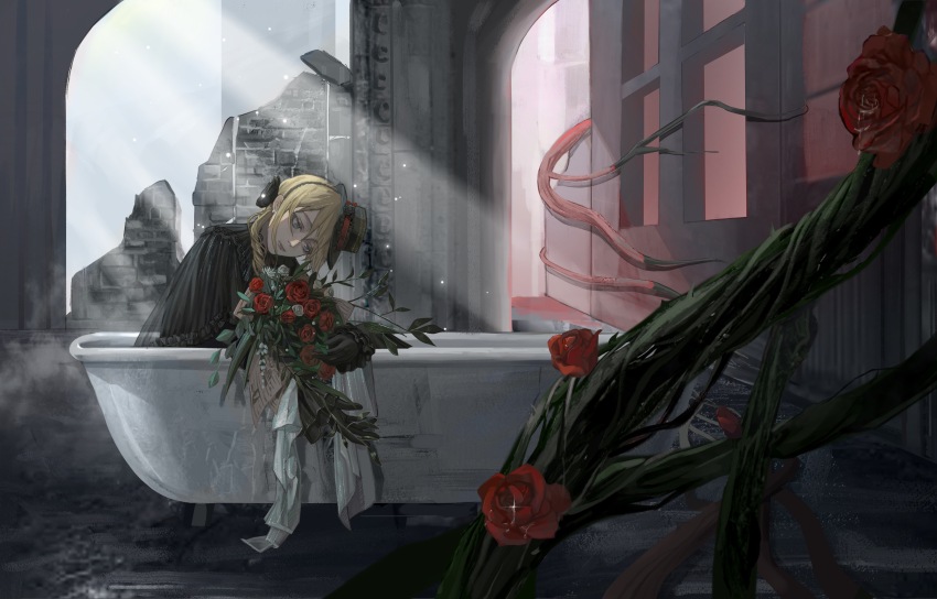 1girl, absurdres, bathtub, black_dress, black_hat, blonde_hair, blue_eyes, bouquet