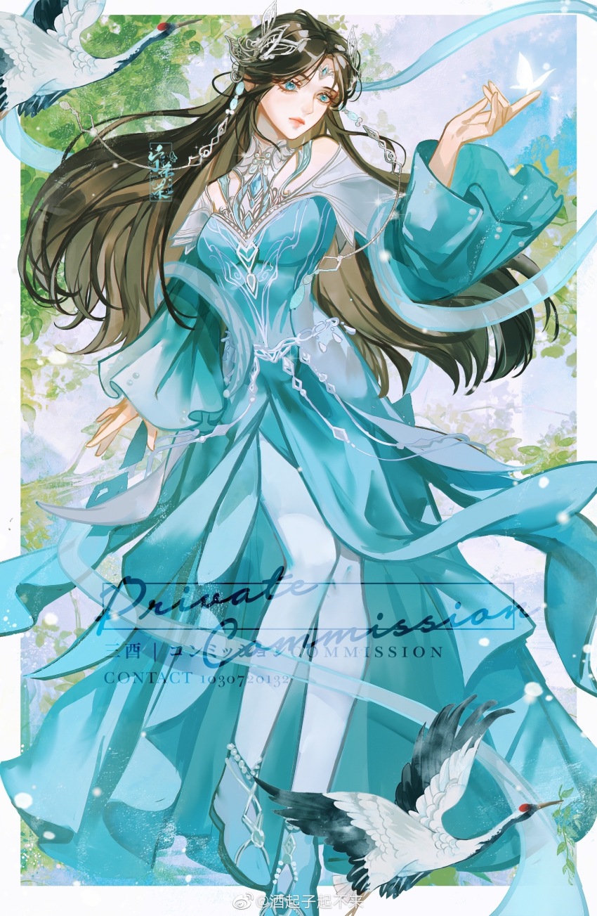 1girl, absurdres, beads, bird, blue_dress, blue_eyes, blue_footwear, blue_sky