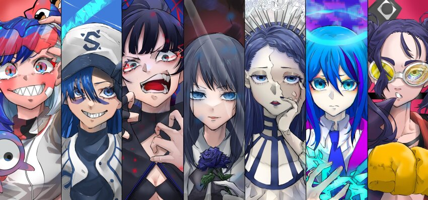 6+girls, ado_(utaite), ashura-chan, baseball_cap, blue_eyes, blue_flower, blue_hair, blue_rose, boxing_gloves, braid, chando_(ado), closed_mouth, column_lineup, creator_connection, flower, forehead, frown, gira_gira, gloves, goggles, goggles_on_head, grin, hair_between_eyes, hair_over_one_eye, hand_on_own_face, hat, high_ponytail, highres, long_hair, looking_at_viewer, merry_(ado), multicolored_hair, multiple_girls, naima_(ado), odo_(song), open_mouth, parted_lips, ponytail, portrait, purple_hair, readymade_(ado), red_eyes, rose, sharp_teeth, smile, straight-on, streaked_hair, teeth, twintails, usseewa, voice_actor_connection, wasabe1020, white_gloves, yellow_gloves, yoru_no_pierrot