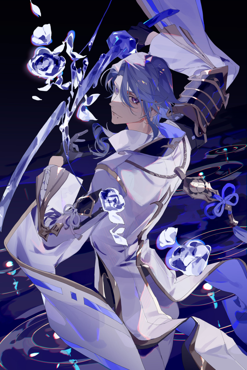 1boy, absurdres, arm_up, armor, asymmetrical_hair, black_armor, black_background, black_gloves