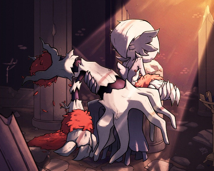 1girl, artist_name, backlighting, blasphemous, bob_cut, closed_eyes, closed_mouth, collarbone