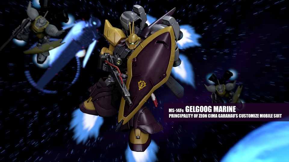 battle, beam_rifle, character_name, commentary_request, emblem, energy_gun, gelgoog_marine, gelgoog_marine_cima_custom, gundam, gundam_0083, mecha, mobile_suit, motion_blur, no_humans, realistic, robot, roundel, science_fiction, shield, space, thrusters, user_aajy5483, weapon