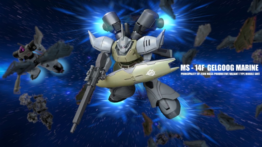 battle, beam_rifle, commentary, commentary_request, debris, emblem, energy_gun, english_commentary, gelgoog_marine, gundam, gundam_0083, mecha, mobile_suit, motion_blur, realistic, rick_dom_ii, robot, roundel, shield, space, star_(symbol), star_symbol_background, thrusters, user_aajy5483, weapon, zeon