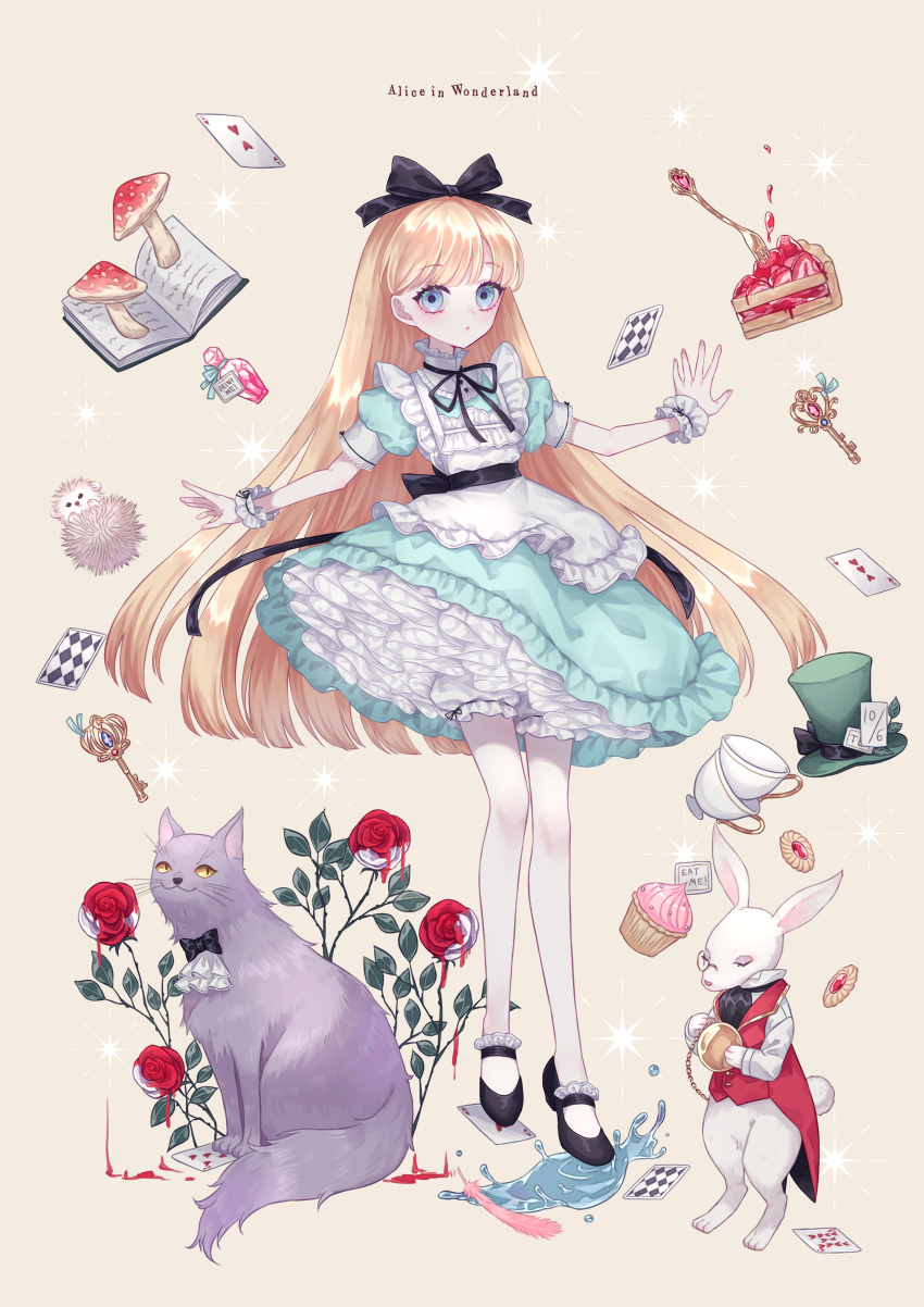 1girl, :o, absurdres, akikawa_higurashi, alice's_adventures_in_wonderland, alice_(alice_in_wonderland), animal, apron
