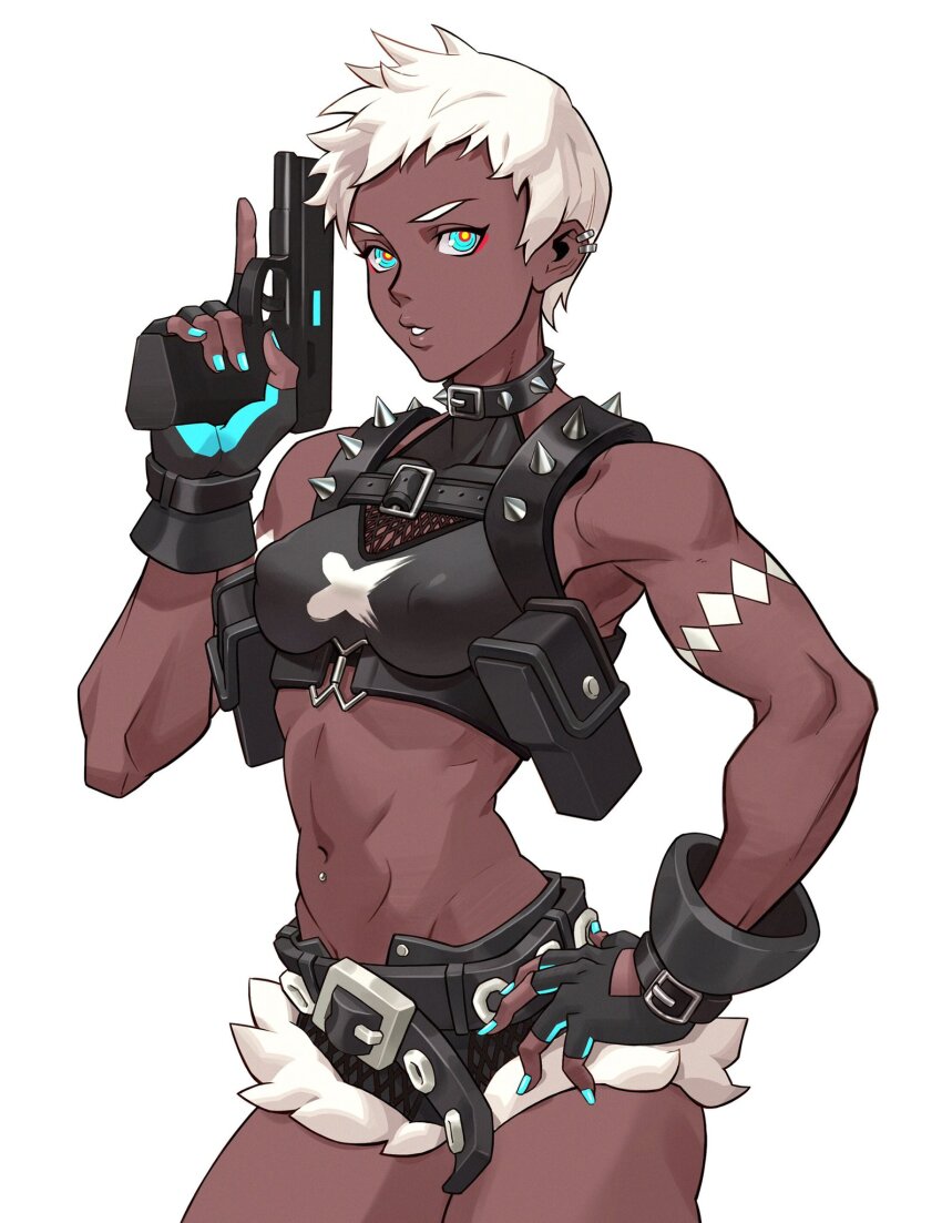 abs, belt, blue_eyes, blue_nails, collar, covered_erect_nipples, dark_skin, earrings