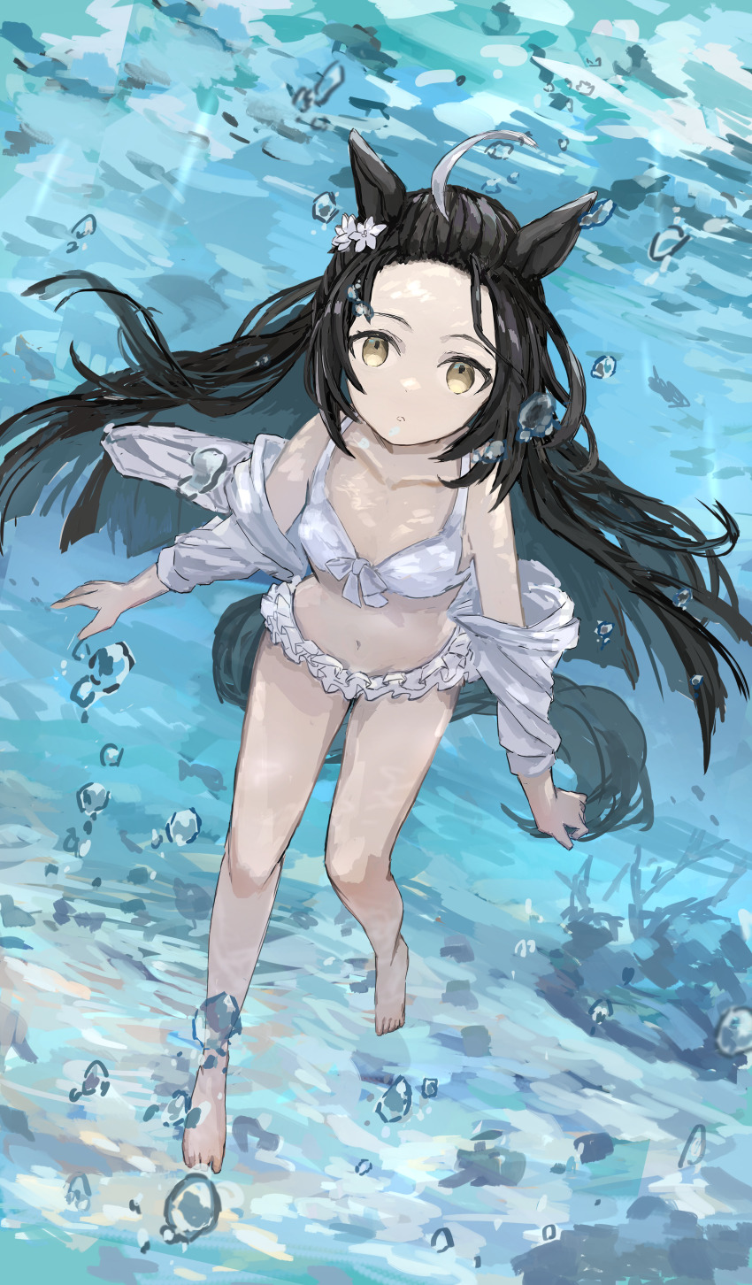 1girl, absurdres, animal_ears, barefoot, bikini, black_hair, bubble, ear_flower, hair_between_eyes, highres, horse_ears, horse_girl, horse_tail, long_hair, looking_at_viewer, manhattan_cafe_(tobasuze_hot_summer!)_(umamusume), manhattan_cafe_(umamusume), off_shoulder, official_alternate_costume, rokojii, see-through_clothes, see-through_shirt, solo, swimsuit, tail, umamusume, underwater, white_bikini, white_hair, yellow_eyes