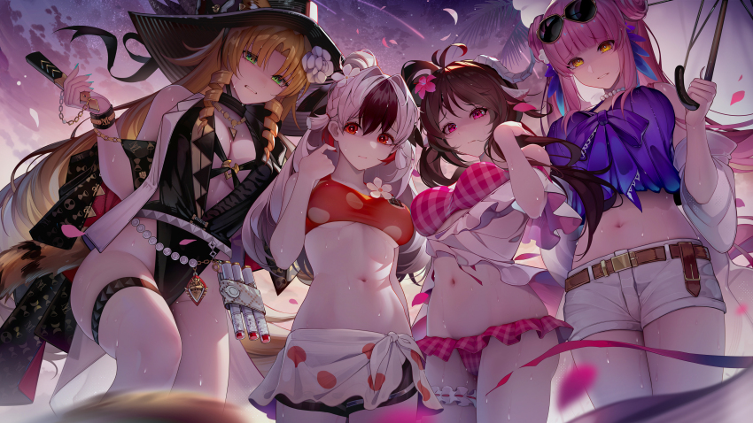 4girls, absurdres, arknights, beach, bikini, binggong_asylum, black_headwear, ceylon_(arknights)