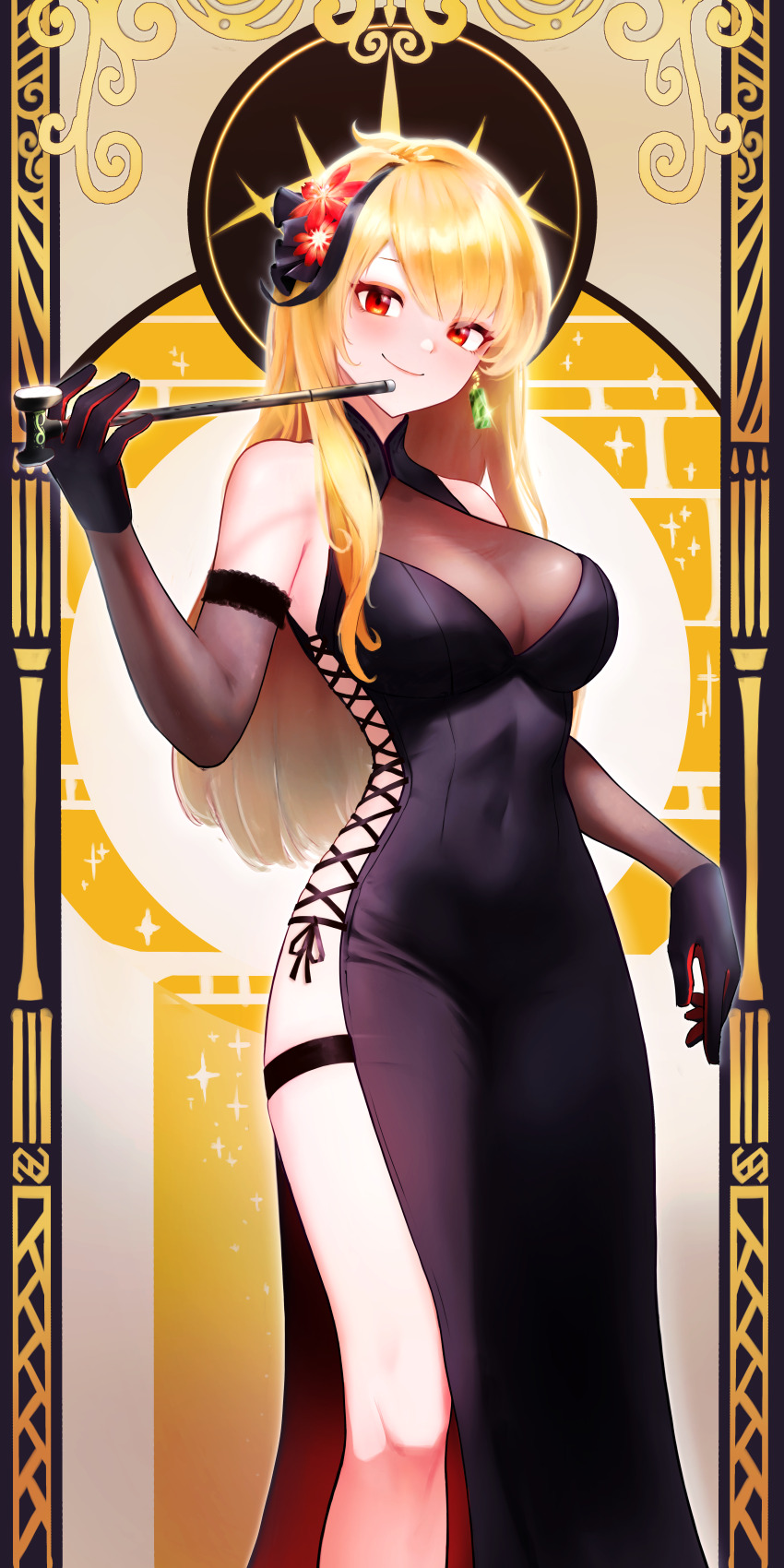 1girl, absurdres, alternate_costume, black_dress, black_gloves, blonde_hair, breasts, cleavage