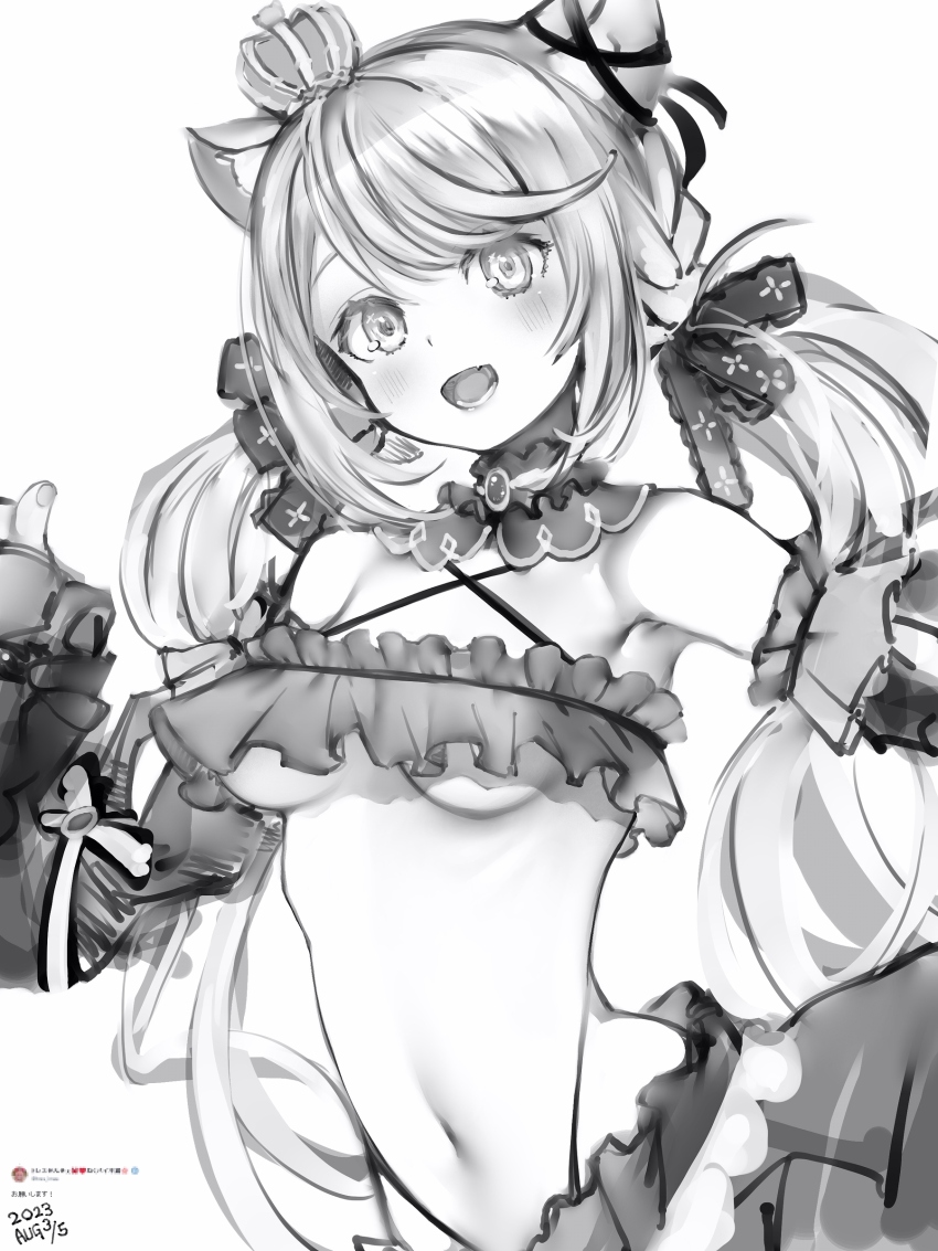 1girl, absurdres, animal_ears, blush, bow, breasts, cat_ears, criss-cross_halter, crown, dated, detached_collar, detached_sleeves, ear_ribbon, frilled_bandeau, frills, hair_bow, halterneck, highres, ina_uruu, long_hair, looking_at_viewer, low_twintails, medium_breasts, midriff, mini_crown, nanashi_(nlo), nanashi_inc., navel, open_mouth, simple_background, smile, solo, twintails, underboob, upper_body, virtual_youtuber