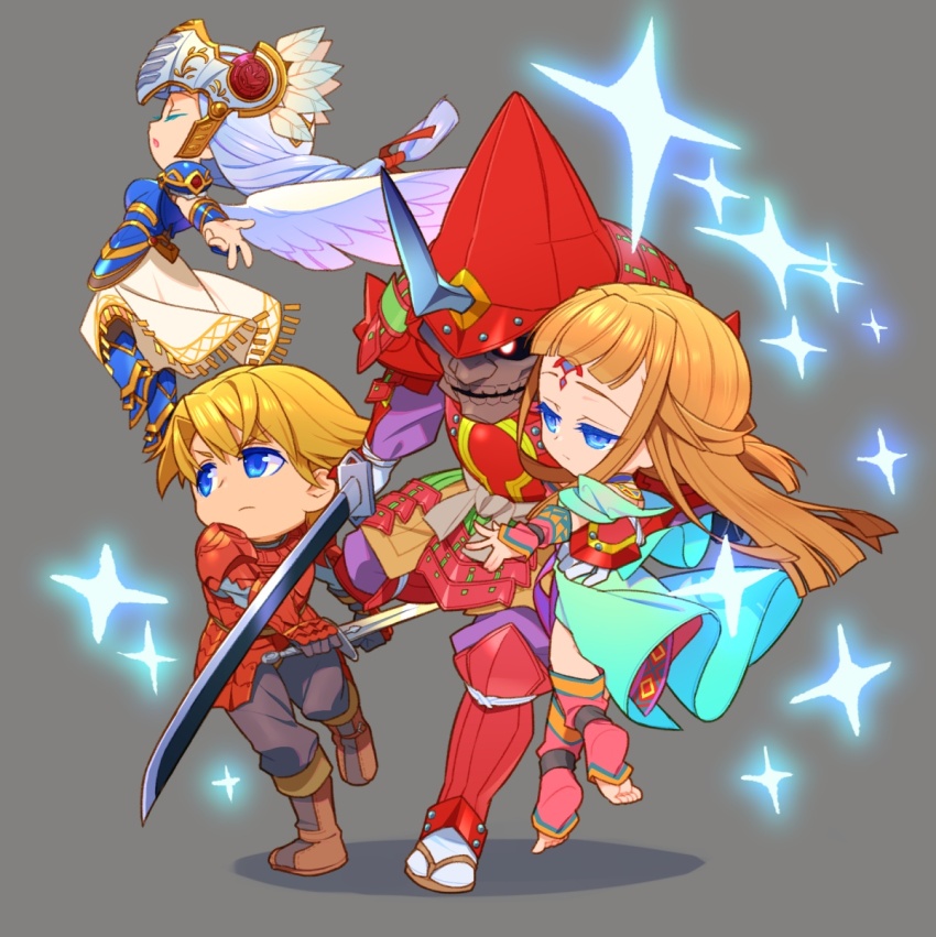 2boys, 2girls, armor, armored_dress, blonde_hair, blue_armor, blue_eyes, blunt_bangs