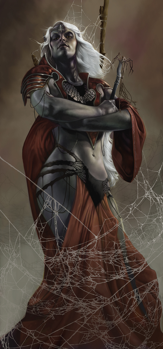 1girl, bug, colored_skin, dark_elf, elf, grey_skin, highres, john_stanko, lolth, long_hair, looking_at_viewer, navel, pointy_ears, silk, solo, spider, spider_web, white_hair