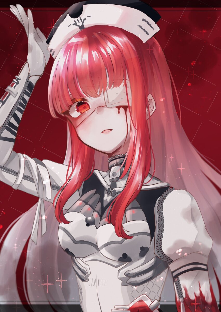 1girl, blood, blood_on_arm, bloody_tears, blush, breasts, eyepatch, gradient_hair, grey_hair, hat, highres, long_hair, medical_eyepatch, misoso_25, multicolored_hair, nurse_cap, one_eye_covered, parted_lips, punishing:_gray_raven, red_eyes, red_hair, sidelocks, small_breasts, solo, vera:_rozen_(pgr), vera_(pgr), white_hat