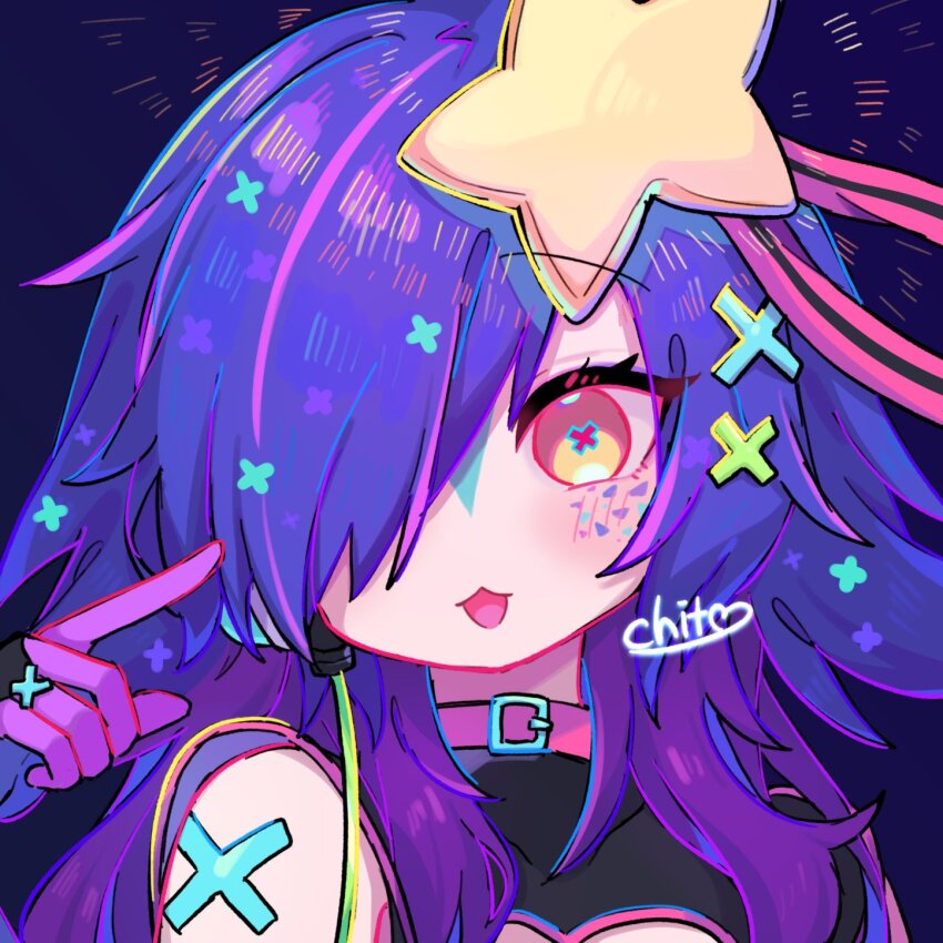 1girl, :3, :d, alternate_costume, alternate_hairstyle, bare_shoulders, blue_background, blush