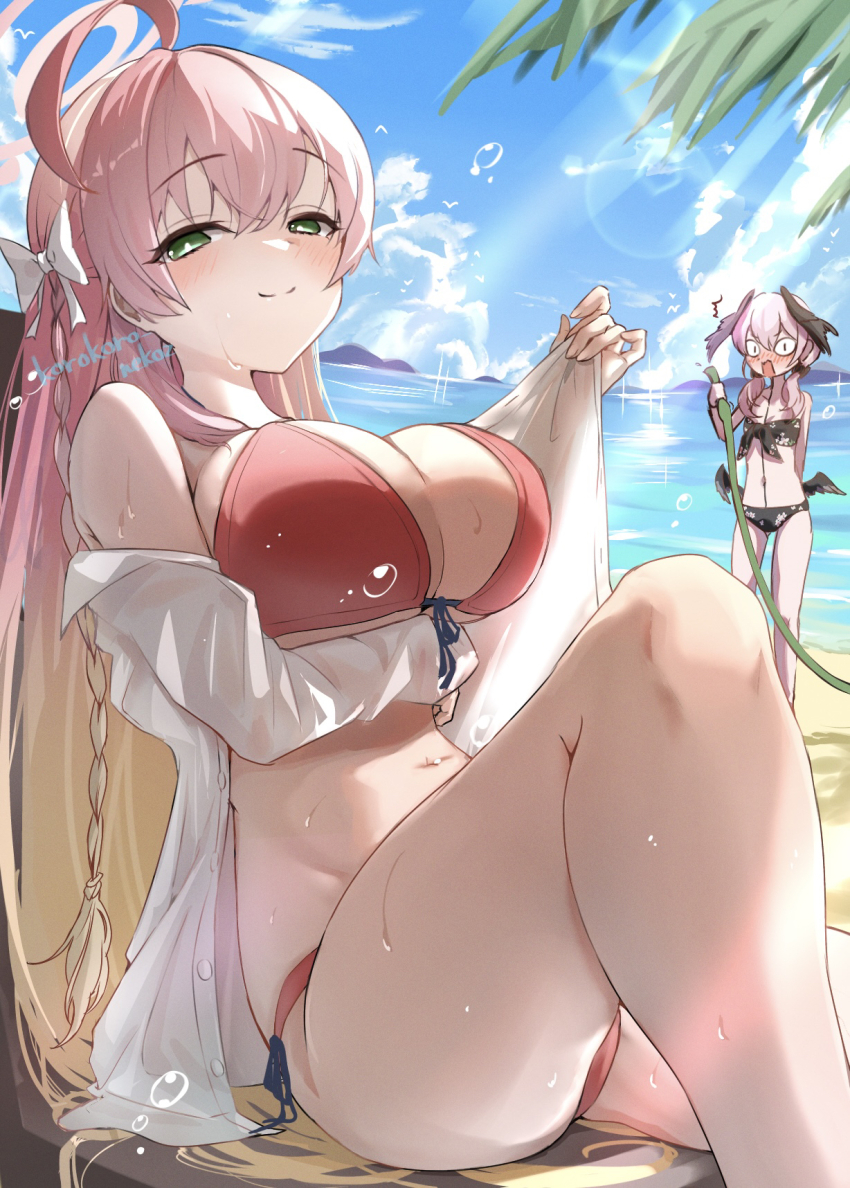 <|>_<|>, 2girls, ahoge, arm_under_breasts, beach, bikini, black_bikini, black_wings