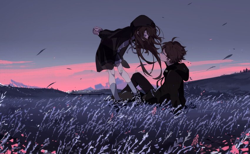 1boy, 1girl, ahoge, arms_behind_back, black_footwear, black_jacket, black_shorts, brown_hair