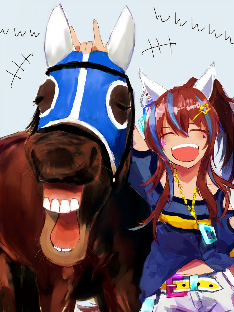 1girl, 1other, ^_^, animal_ears, belt, blue_hair, blue_shirt, brown_hair, closed_eyes, creature_and_personification, daitaku_helios_(fun_fun_party_night)_(umamusume), daitaku_helios_(racehorse), daitaku_helios_(umamusume), ear_covers, facing_viewer, fang, fantomyu, grey_background, hair_ornament, hairclip, horse, horse_ears, horse_girl, multicolored_hair, open_mouth, personification, shirt, short_shorts, shorts, simple_background, streaked_hair, teeth, tied_shirt, two-tone_hair, umamusume, white_shorts
