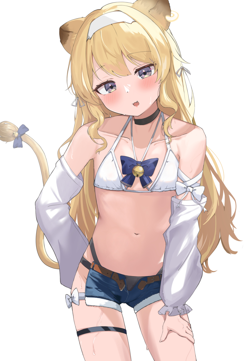 1girl, absurdres, animal_ears, arm_behind_back, bare_shoulders, bell, bikini, bikini_top_only, black_choker, blonde_hair, blue_bow, blue_bowtie, blush, bow, bowtie, choker, collarbone, commentary_request, cowboy_shot, denim, denim_shorts, detached_sleeves, fang, flat_chest, grey_eyes, hairband, hand_on_own_thigh, highres, jingle_bell, lion_ears, lion_tail, long_hair, looking_at_viewer, navel, noripro, open_fly, parted_lips, regrush_lionheart, short_shorts, shorts, simple_background, solo, stomach, sweat, swimsuit, tail, tail_bow, tail_ornament, tail_raised, thigh_strap, virtual_youtuber, white_background, white_bikini, white_hairband, youyoukai